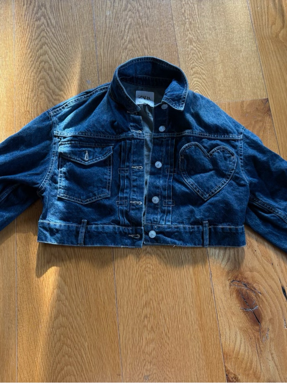 Women’s Dark Blue Cropped Denim Jacket with Heart Detail